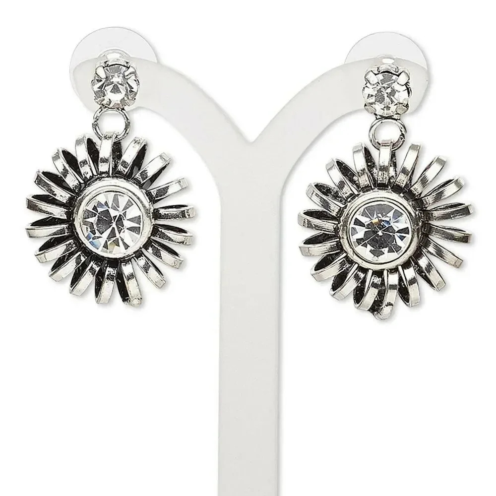 Edgy Modern Art Deco Style Dimensional Antique Silver Clear Crystal Earrings